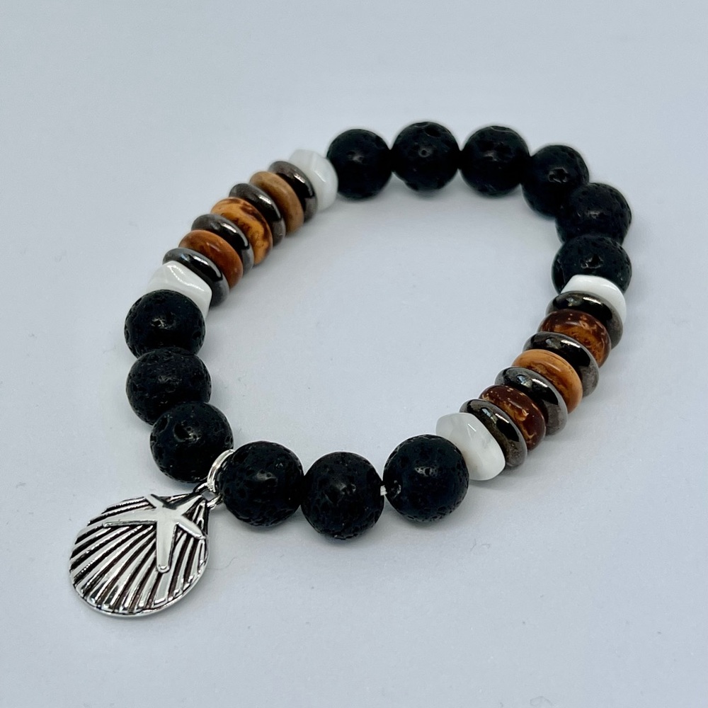 Hand crafted lava rock and glass flat beads with seashell charm